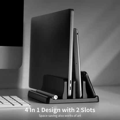 Adjustable Vertical Laptop Stand. 3-in-1 Space-Saving Holder for Laptops, Tablets & Phones